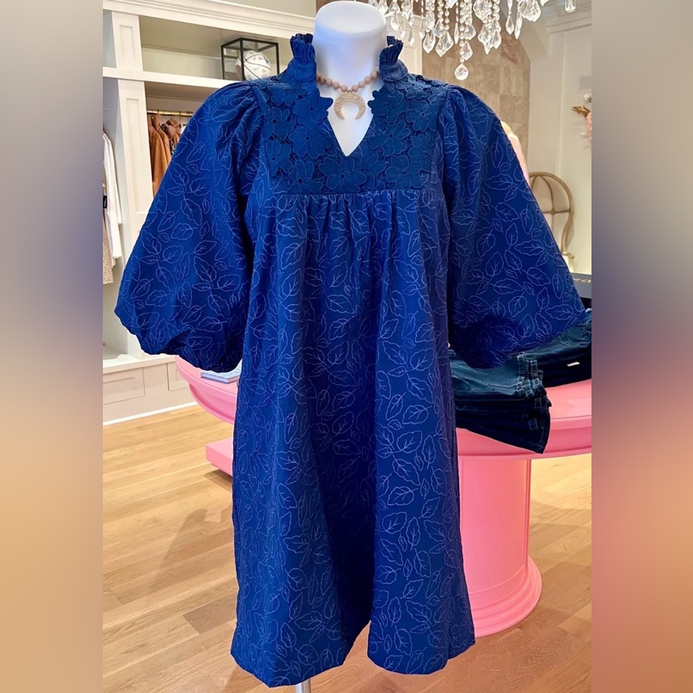 Umgee Blue Leaf embroidered Pattern Mini Dress NWT - image 1